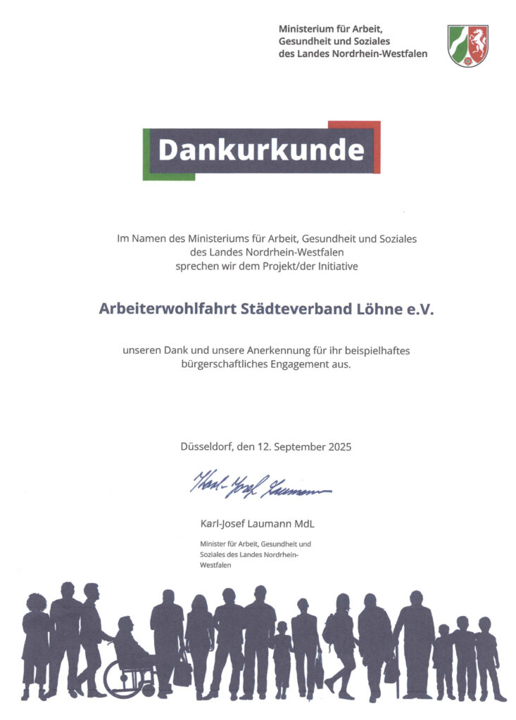 Stadtverband AWO Stadtverband Löhne e.V. vom Minister für Arbeit, Gesundheit und Soziales des Landes NRW, Karl-Josef Laumann für beispielhaftes und bürgerschaftliches Engagement geehrt.