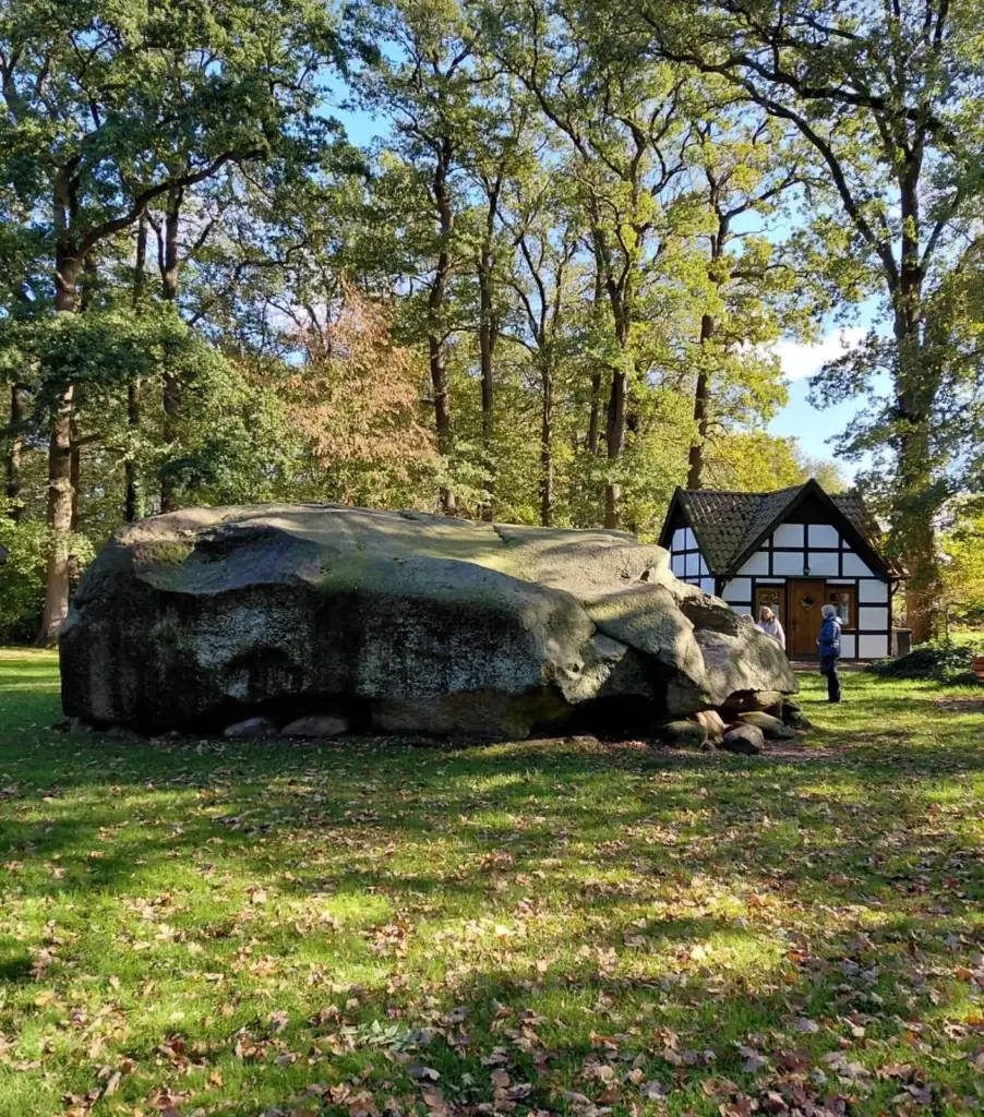 Der Große Stein von Tonnenheide, ein riesiger, flacher Findling im Sonnenlicht zwischen hohen Bäumen, daneben ein Fachwerkhaus